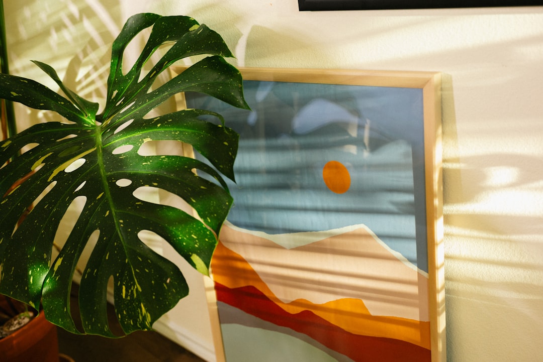Monstera leaf and artwork sit in sunlight.,