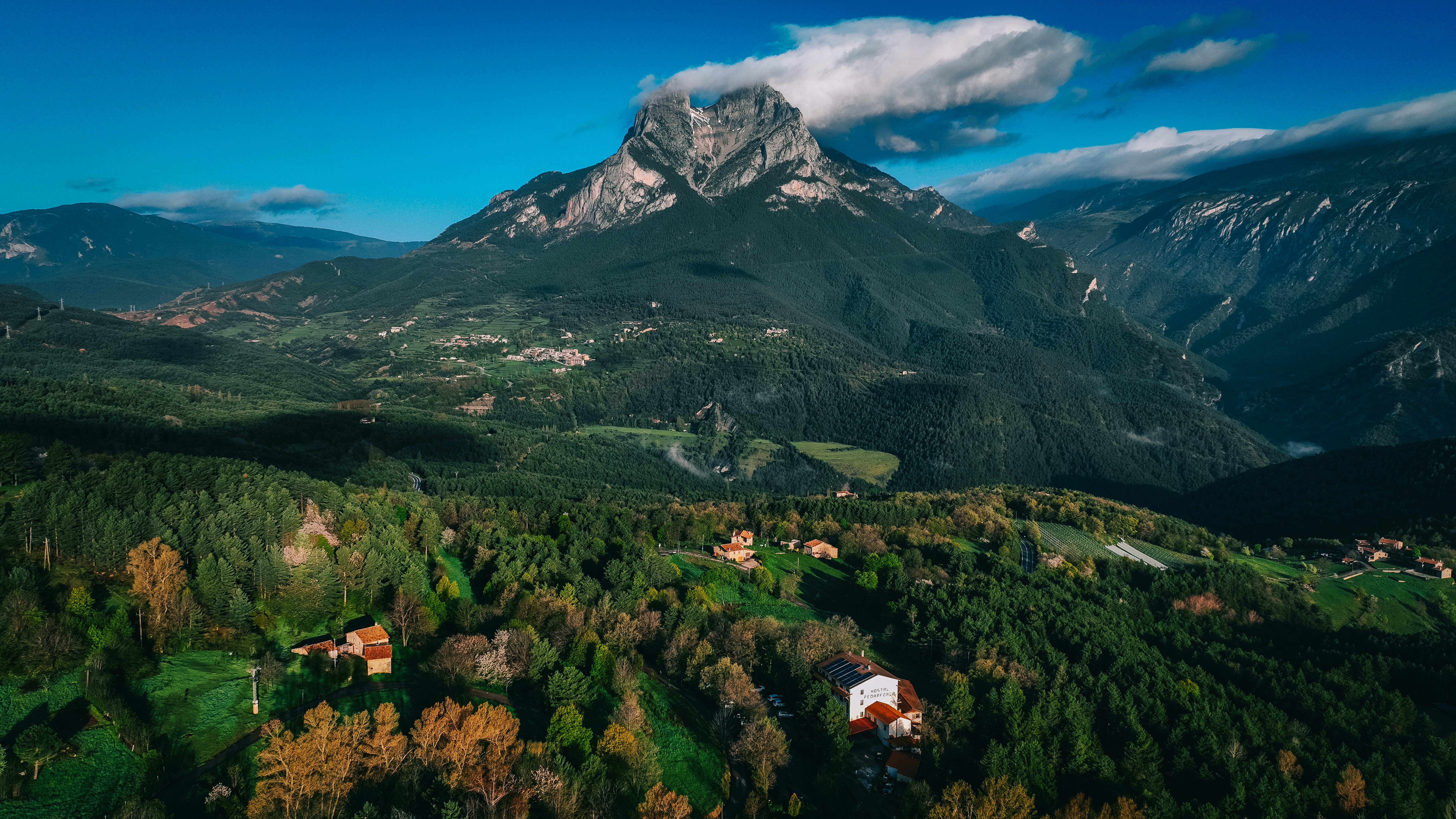 Una montagna si affaccia su una foresta verdeggiante.