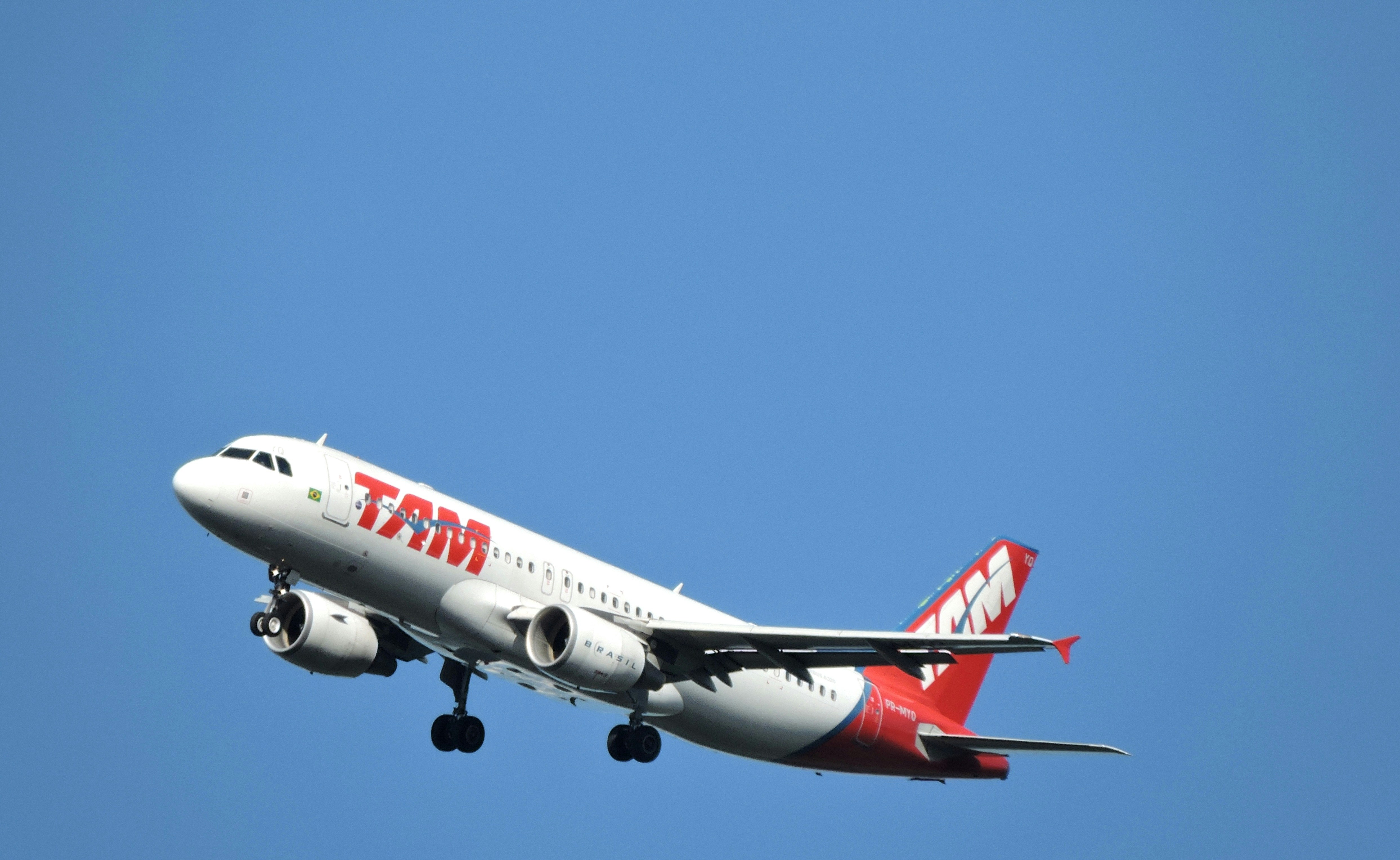 An airplane takes off into the clear blue sky.
