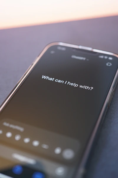 Phone screen asks: "what can i help with?"