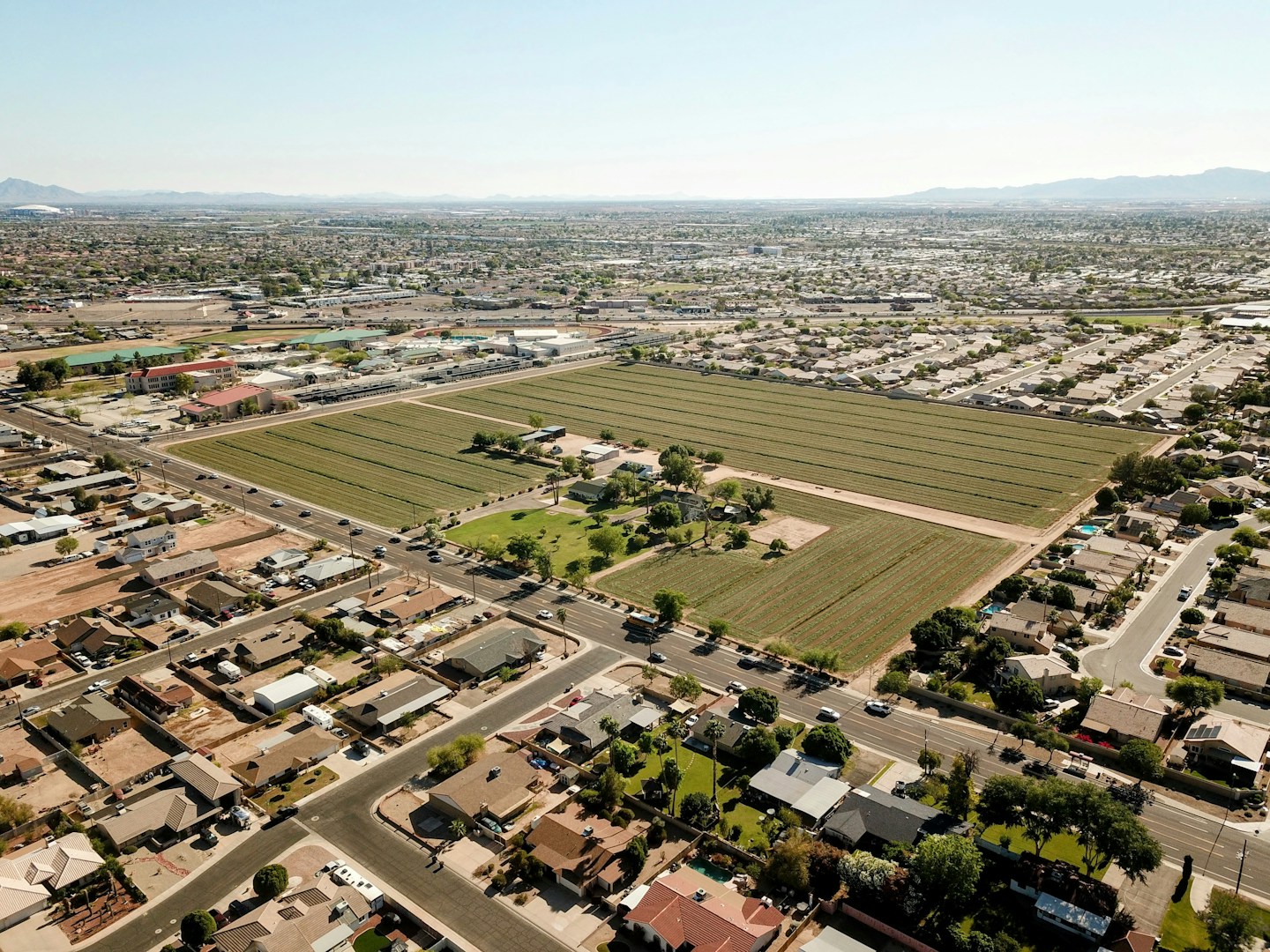 Aerial view of Levine, Arizona suburban neighborhood with homes