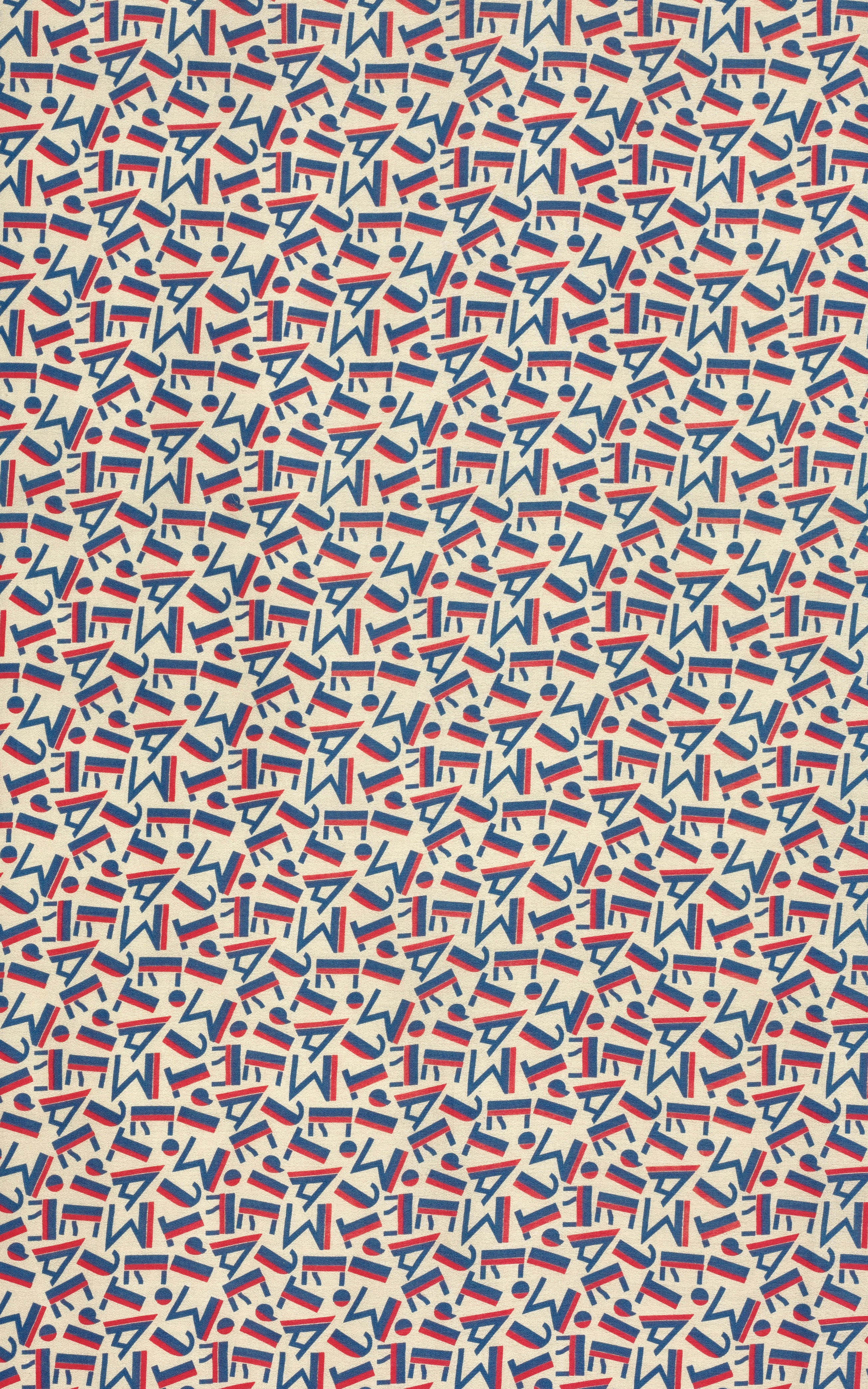 Abstract pattern of red, white, and blue shapes.