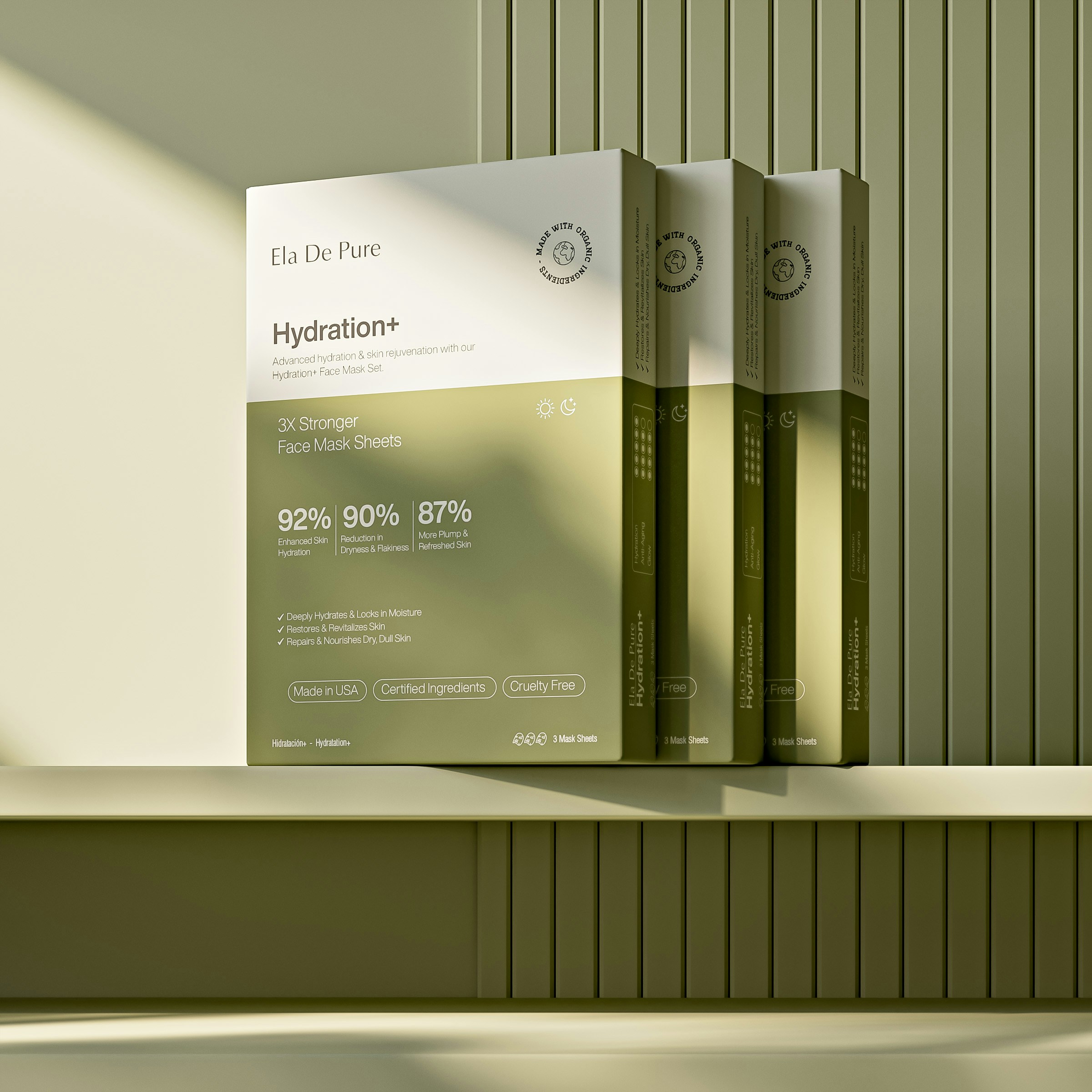 Hydration+ face masks are neatly displayed on a shelf.