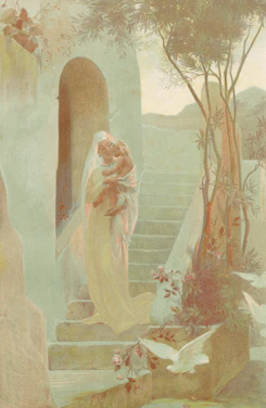 A veiled figure carries a child up stone steps.