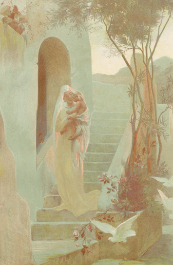 A veiled figure carries a child up stone steps.