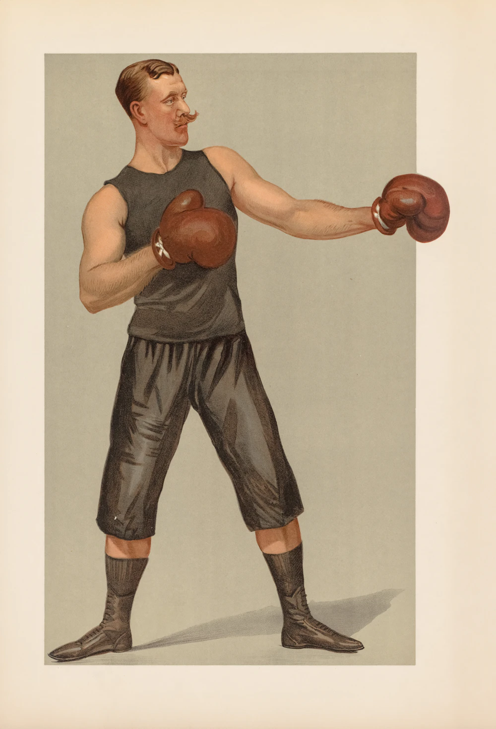 A boxer in vintage attire with gloves raised and a waxed moustache
