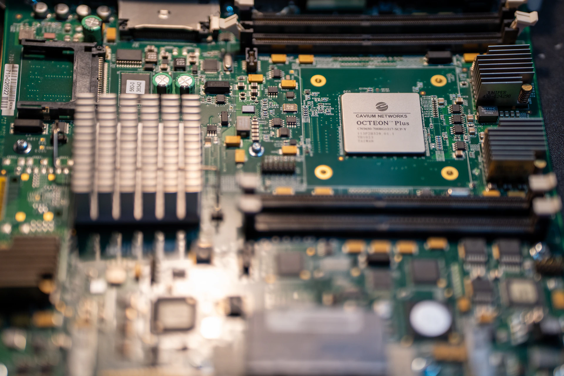 Electronic circuit board with various components.