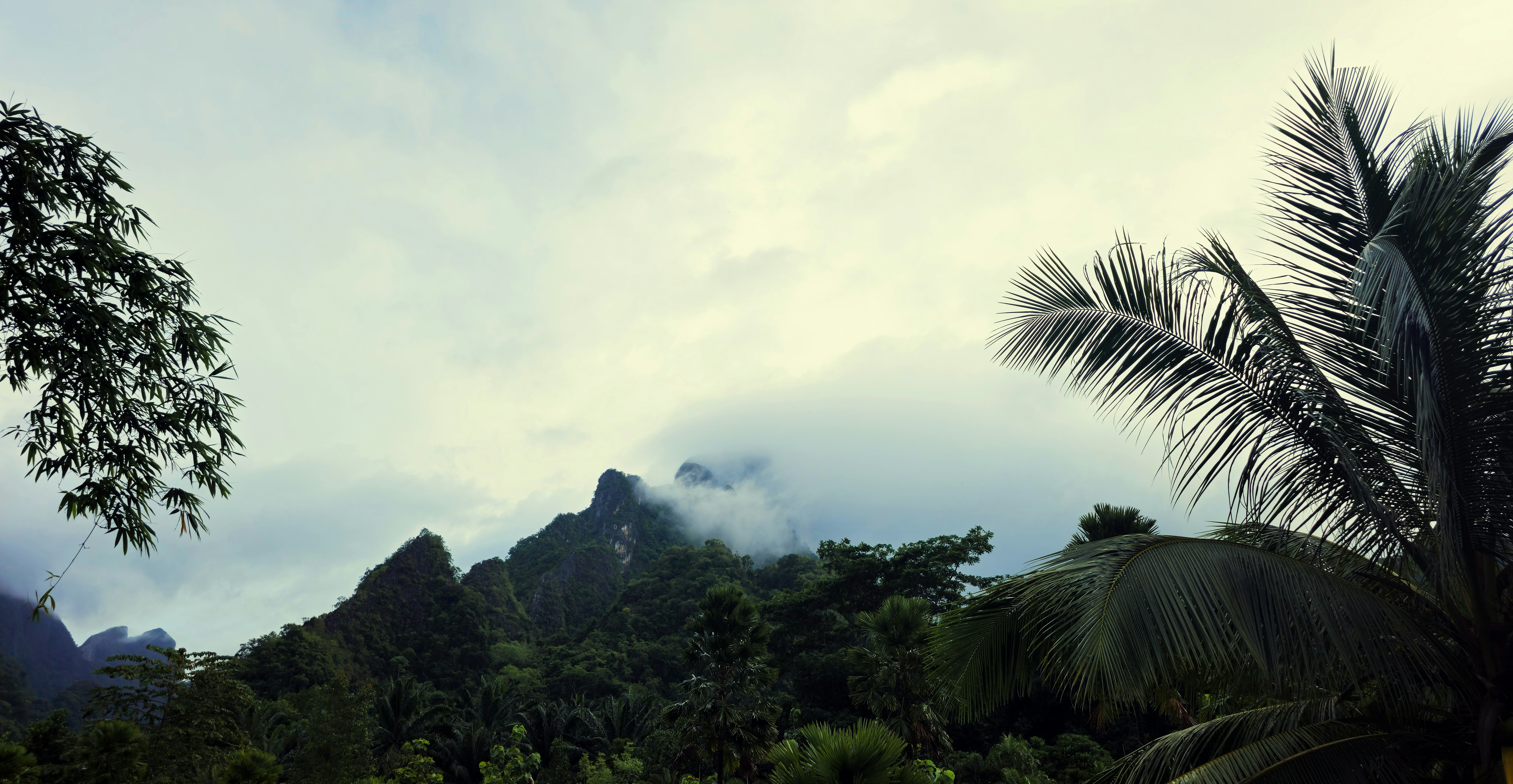 Overcast, mountainous landscape with lush greenery.