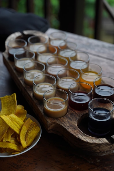 Coffee and juice flight with plantain chips.