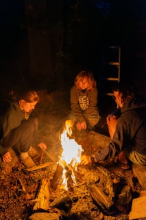 Friends gather around a cozy campfire at night.