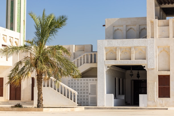Palm tree stands near middle eastern architecture.
