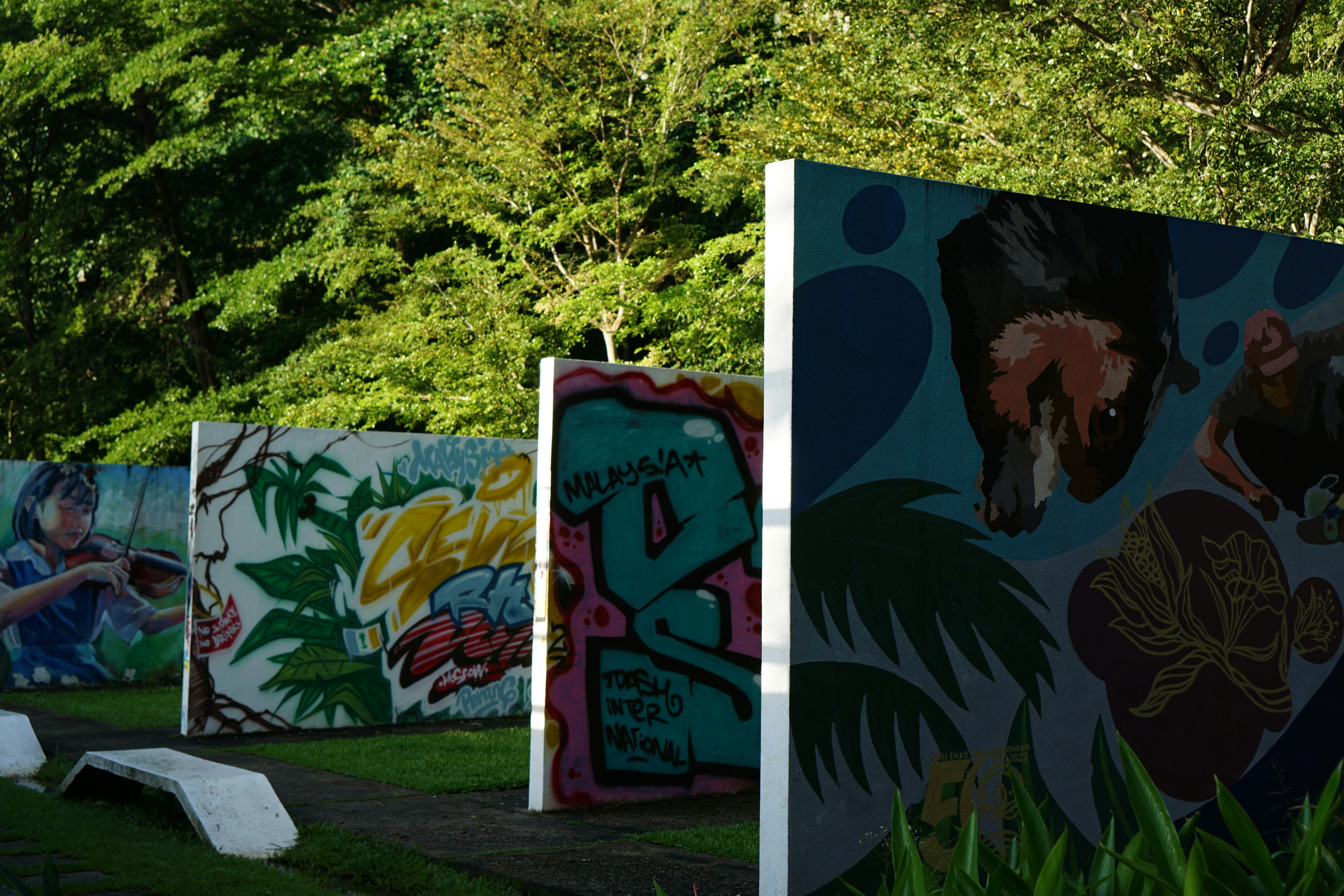 Graffiti art adorns outdoor display walls.