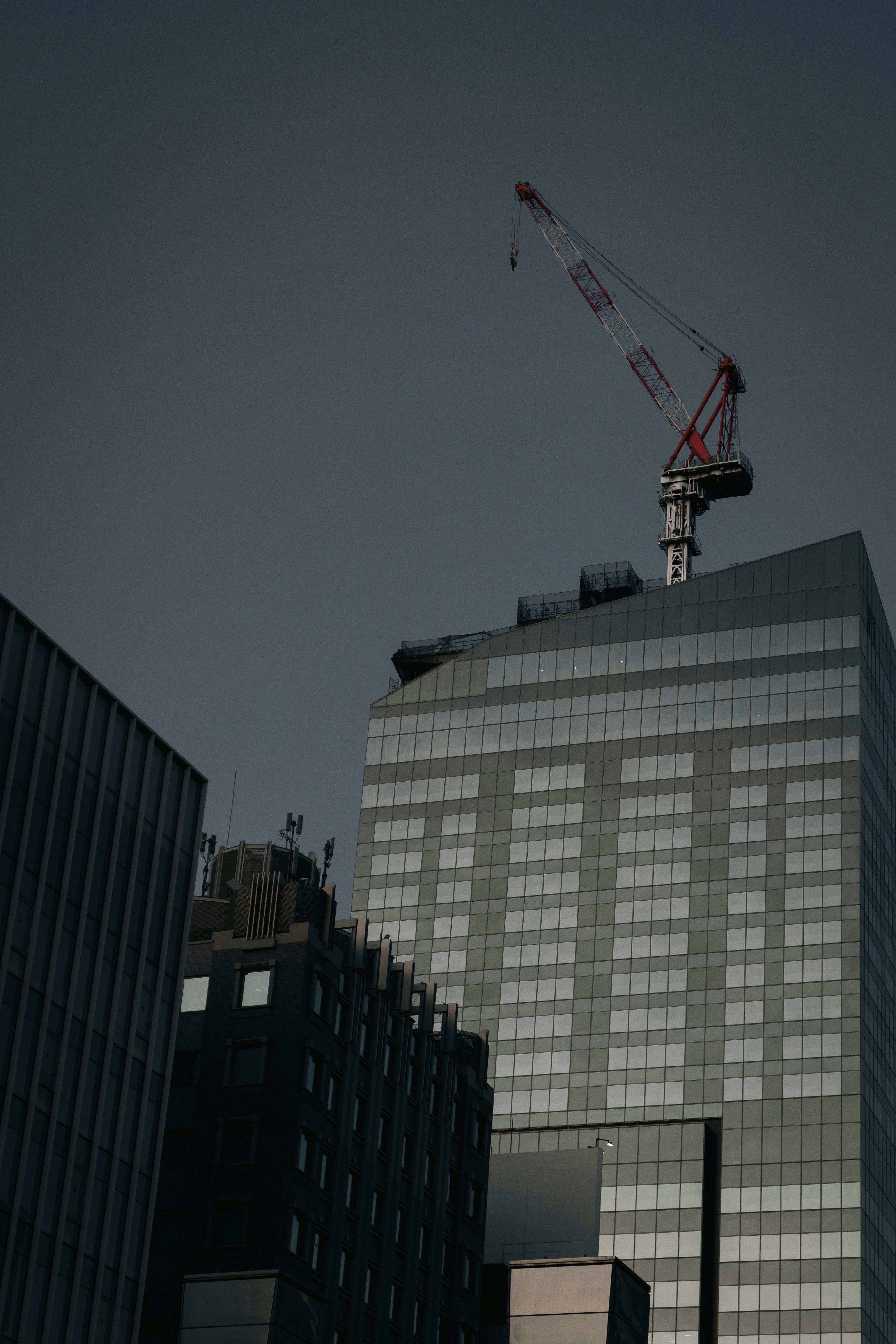 A crane atop a high-rise building.
