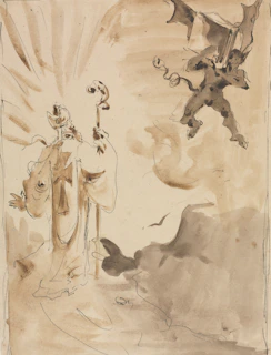 A bishop confronts a winged demon in a cloudy sky.