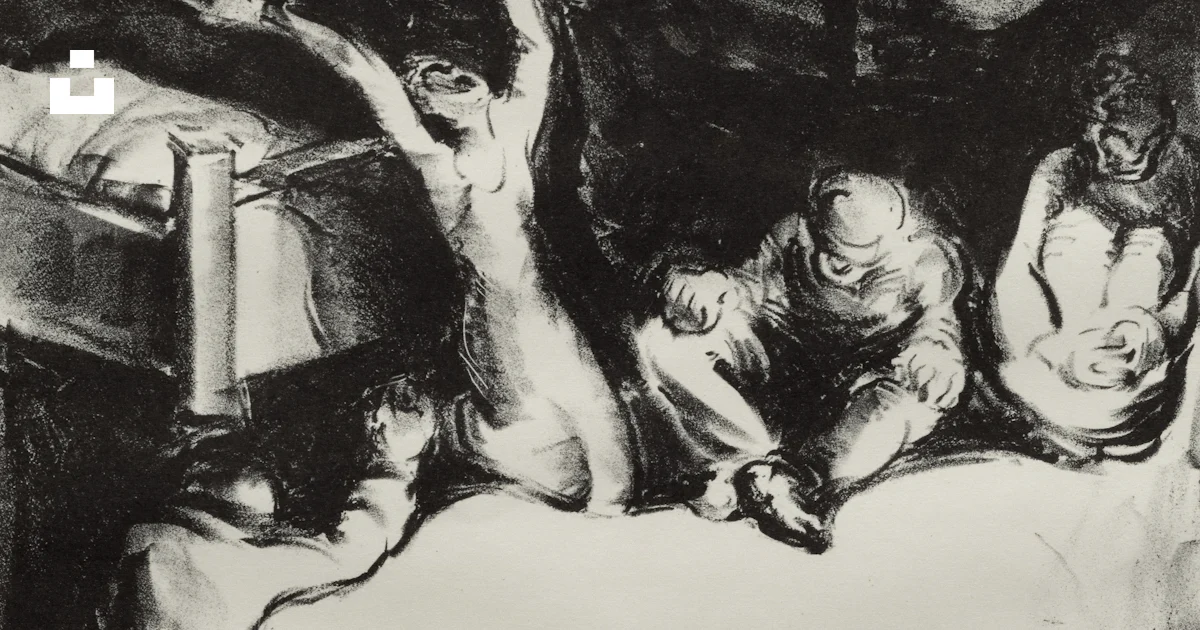 Distressing Scene Disturbing scene with figures in distress and around a bed. photo ...