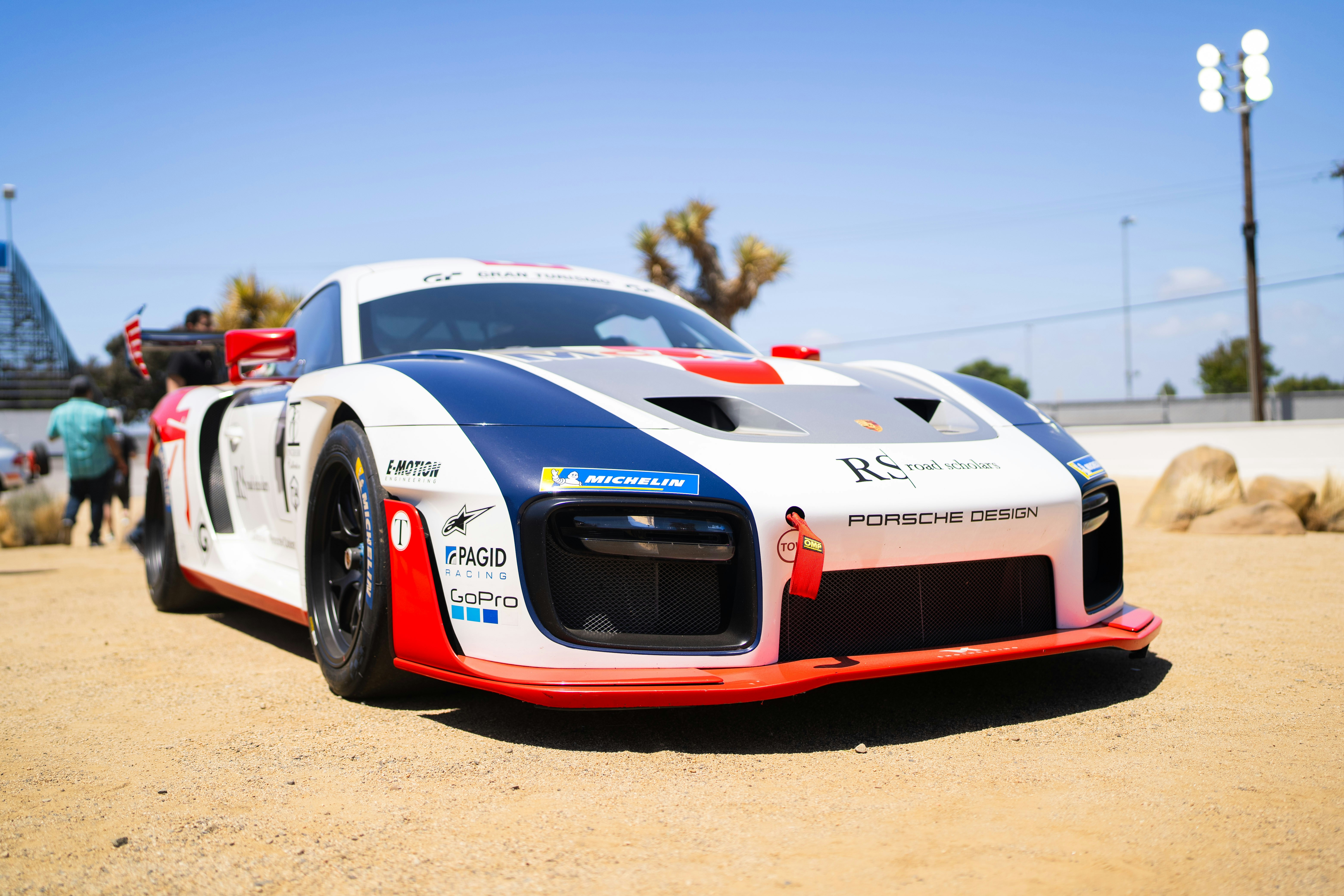 A porsche race car is on display.