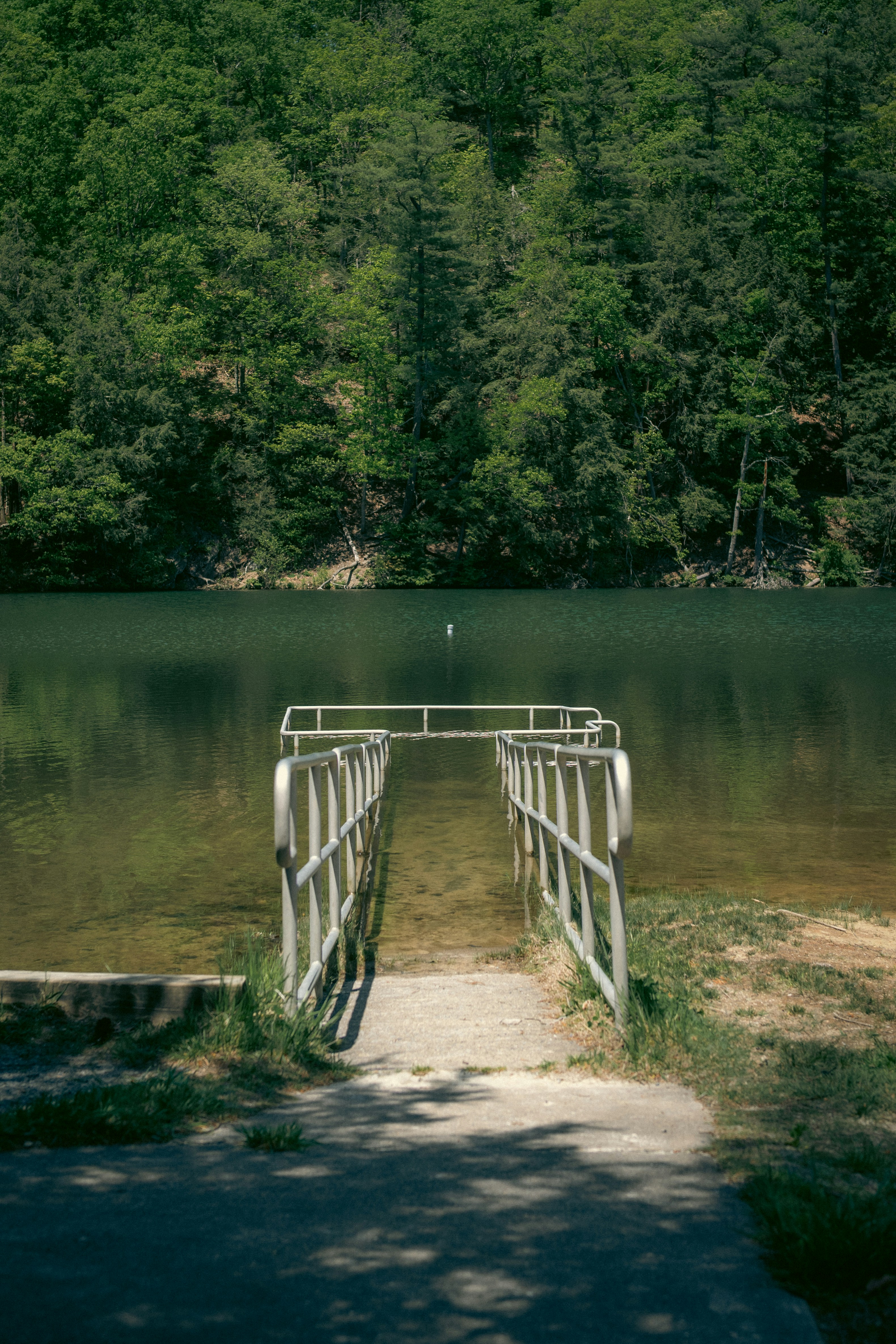 Ein Metallsteg führt in einen ruhigen See.
