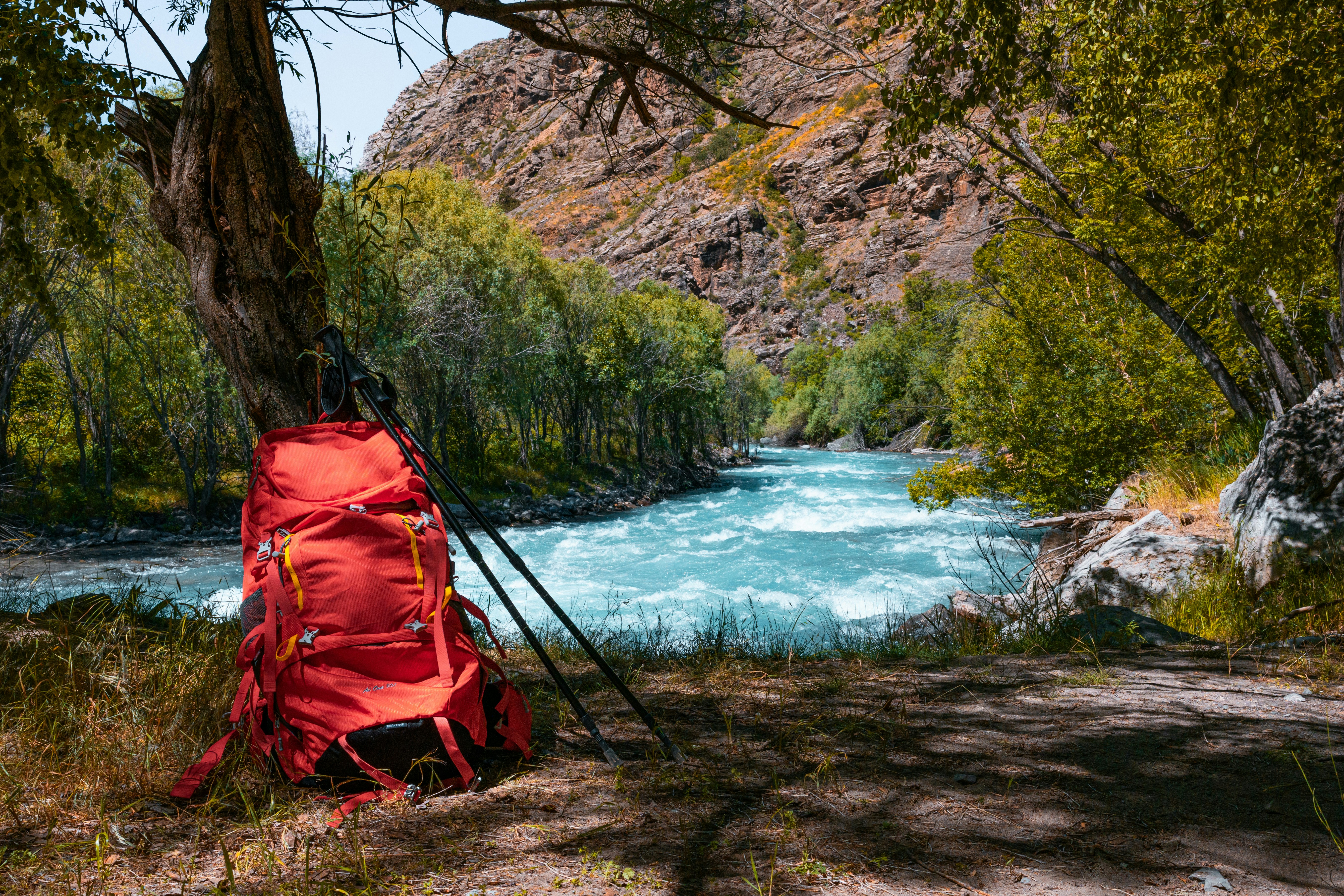 Red hiking backpack in Uzbekistan