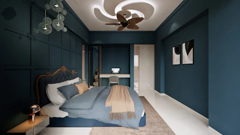 A modern bedroom with an elegant blue theme
