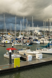 Boats are docked in a marina under a stormy sky.