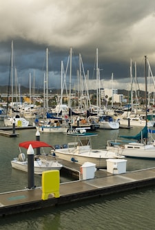 Boats are docked in a marina under a stormy sky.