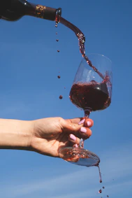 Wine is being poured into a glass against blue sky.