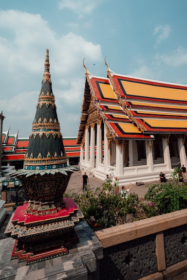 Traditional temple buildings stand under a sunny sky.