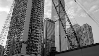 High-rise buildings and cranes in a city.