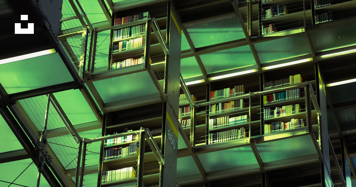 Book Stack Vertical Library. Design Bookshelves are stacked in an architecturally interesting library ...