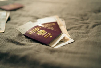 Passports are resting on a textured, neutral surface.