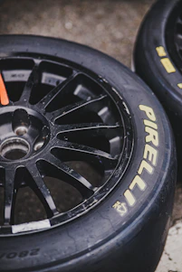 Pirelli racing tires sit close together.