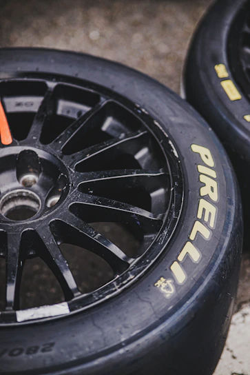 Pirelli racing tires sit close together.