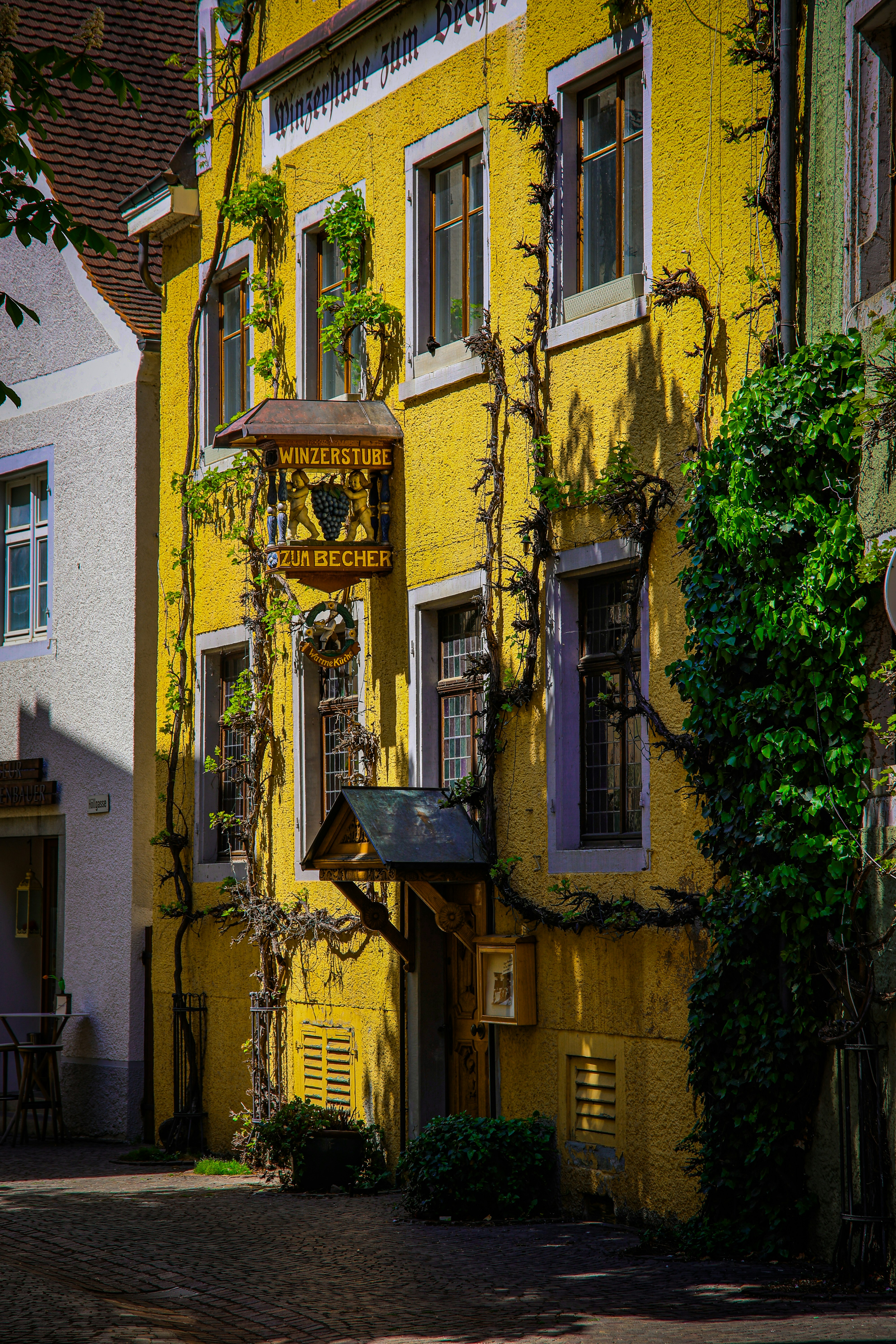 A yellow building with vines and unique architecture.