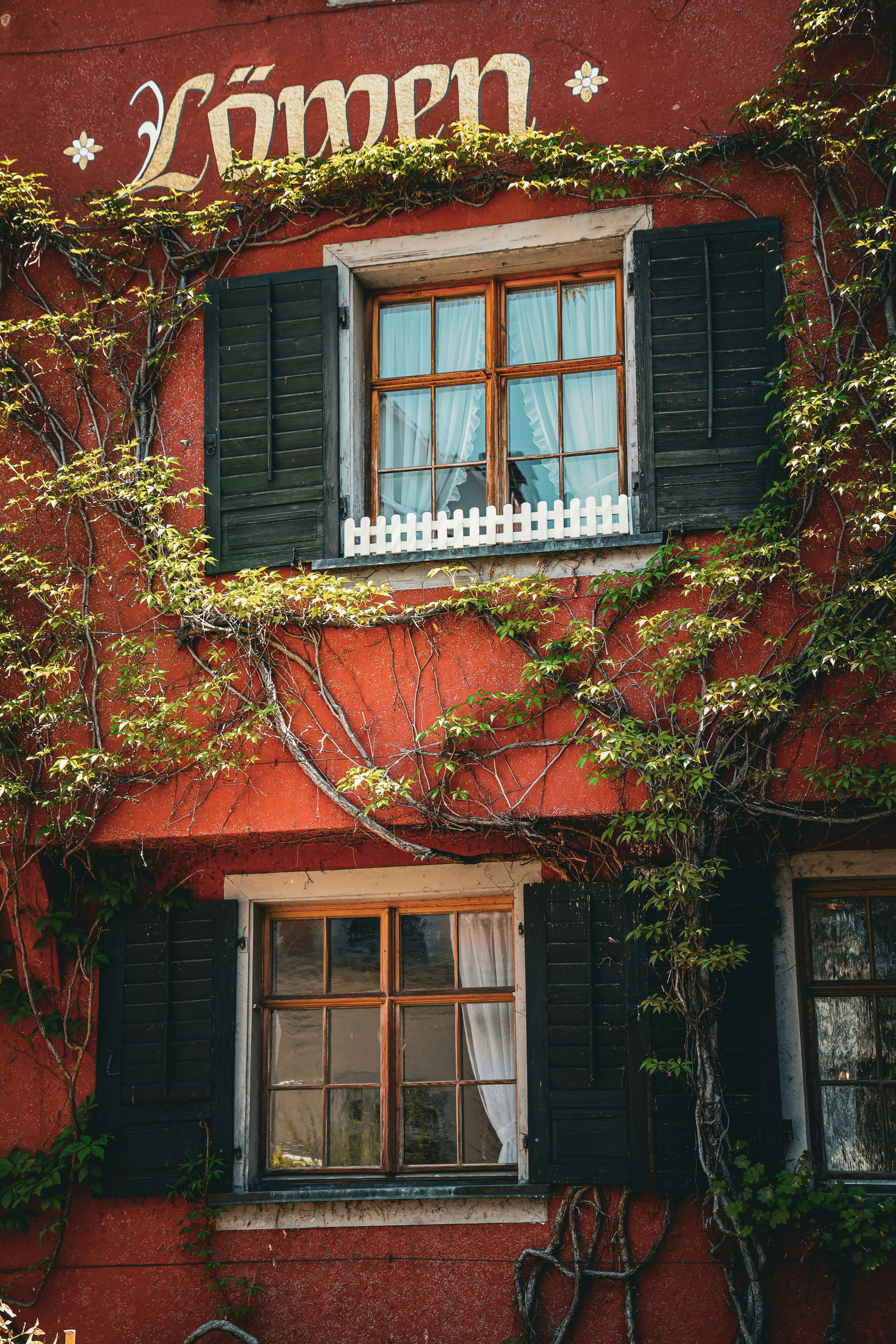 A red building with vines and open windows.