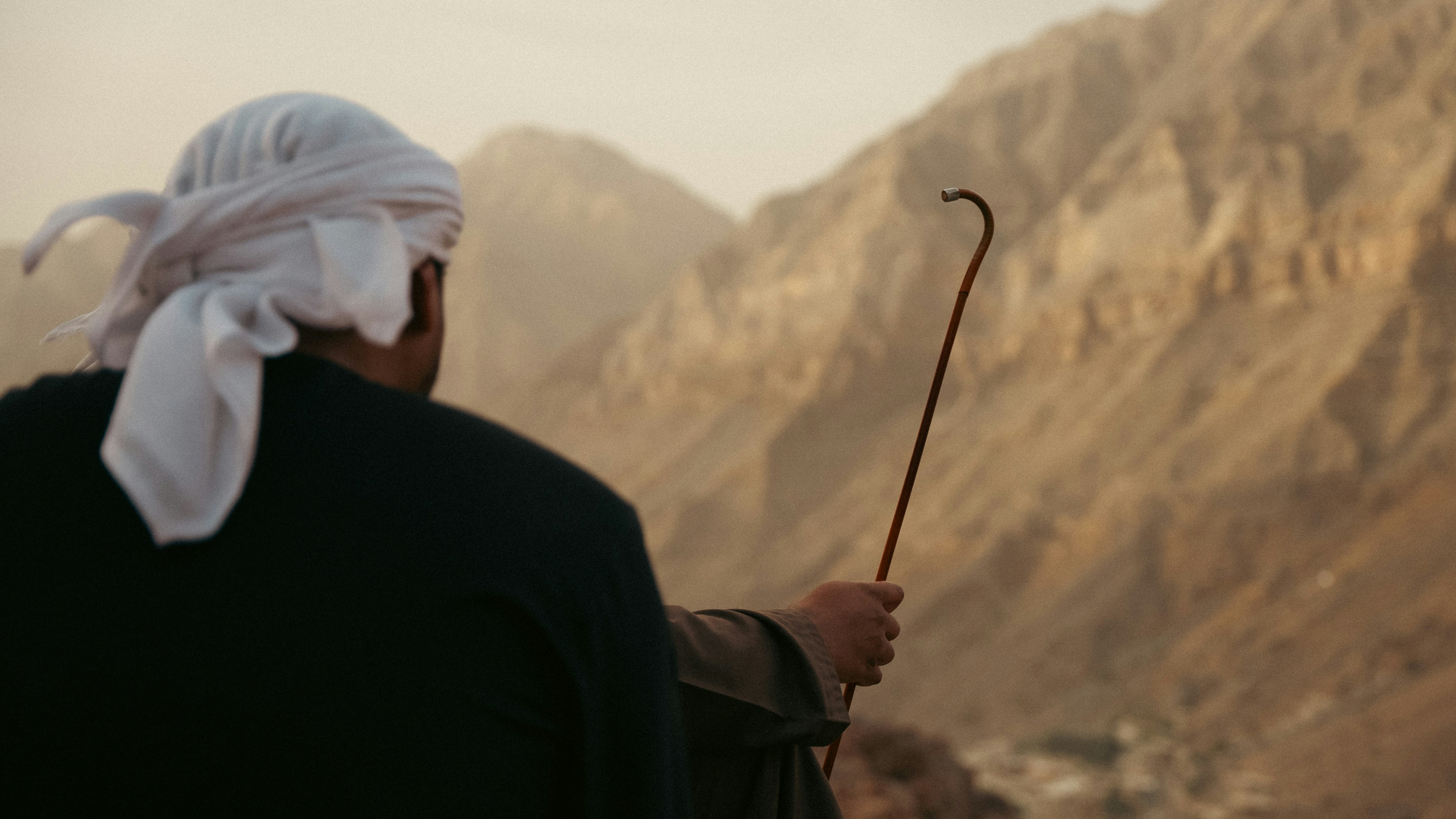 A man looks at the mountains with a staff.