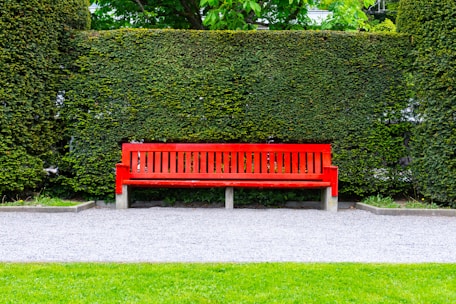 A red bench sits before a green hedge.