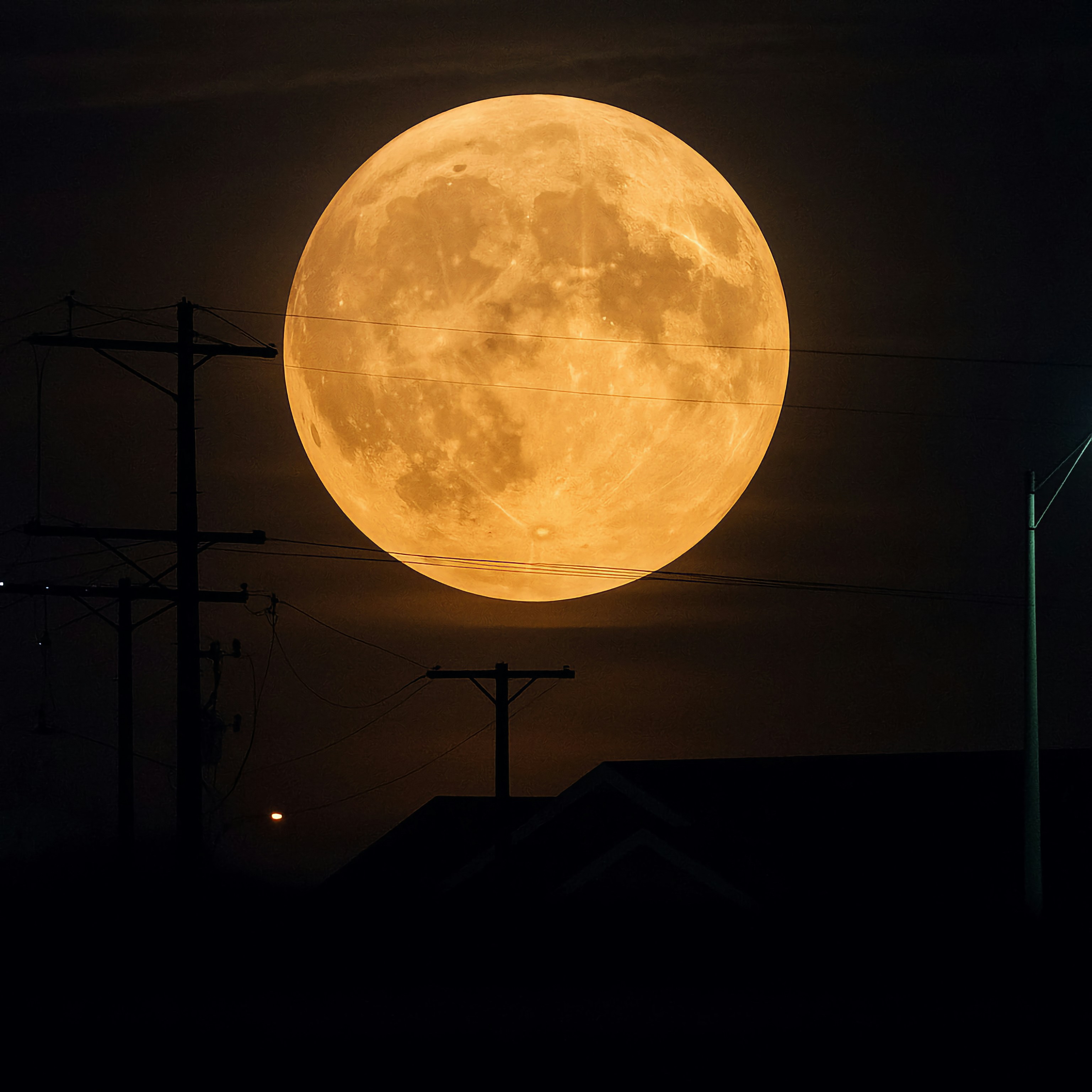 The huge orange moon shines in the night sky.
