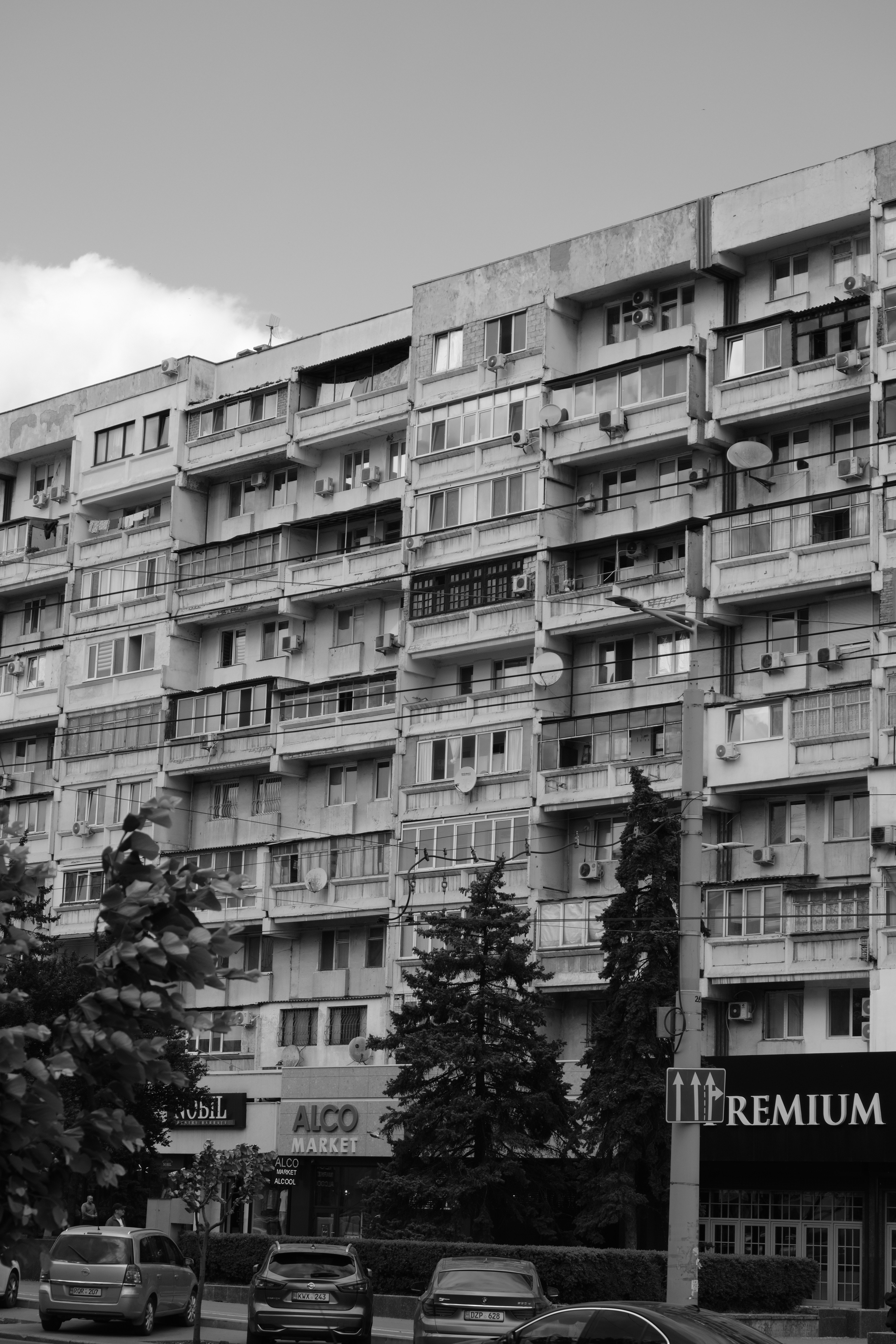 A large apartment building stands tall.