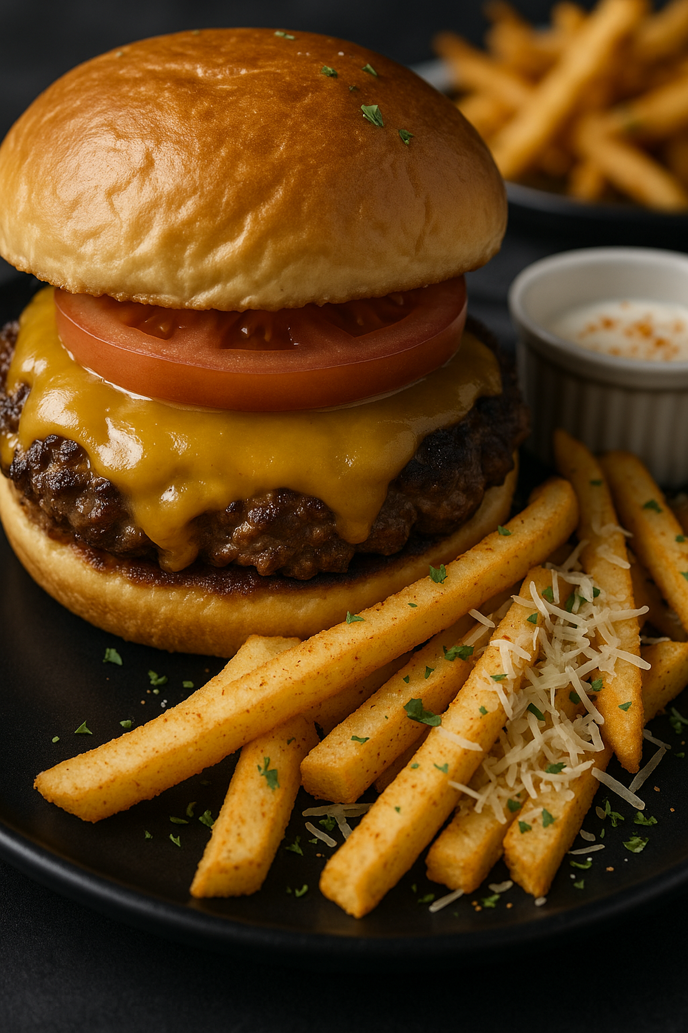 A cheeseburger and fries are ready to be eaten.