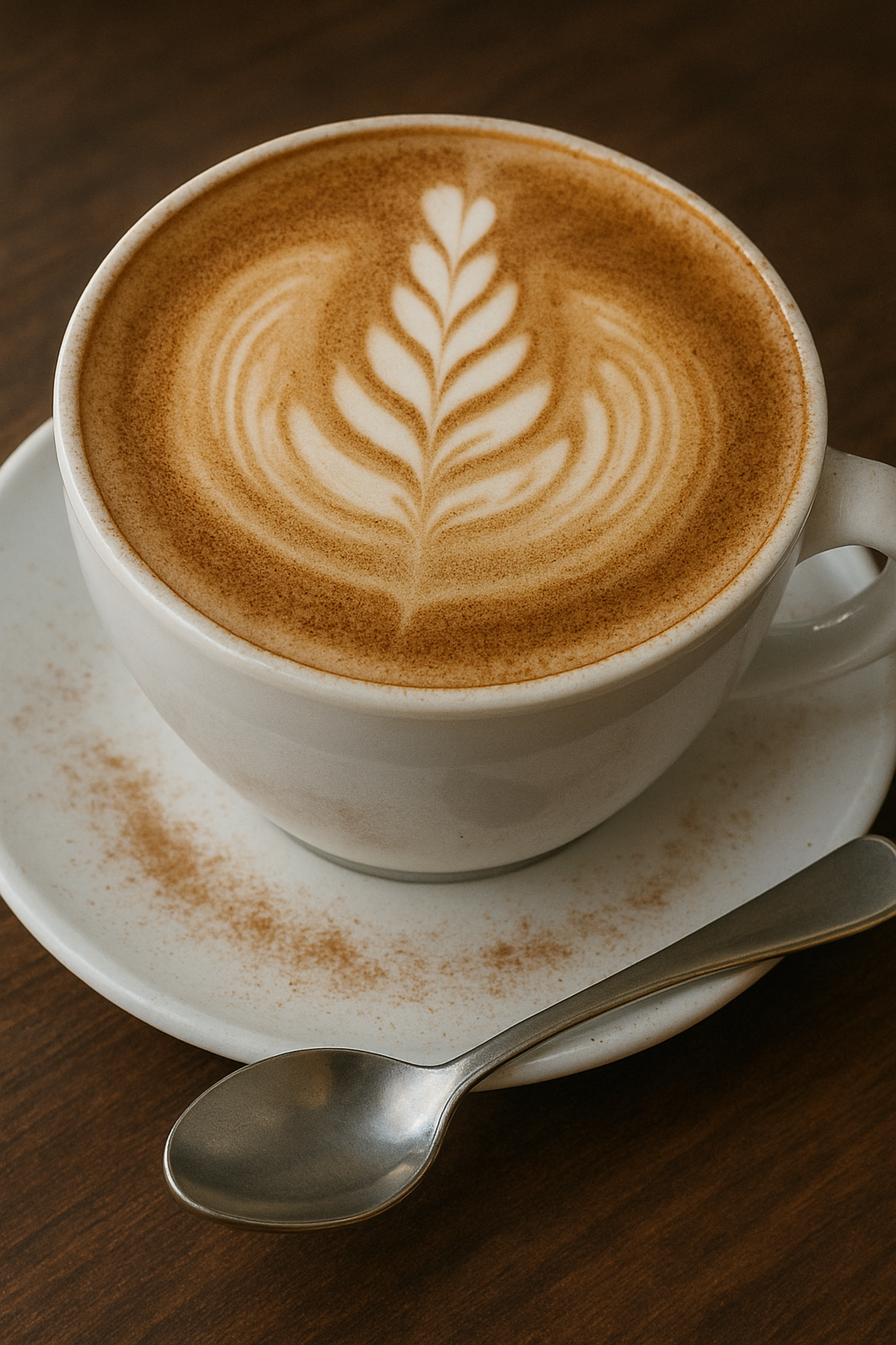 Latte art in a white cup with a spoon.