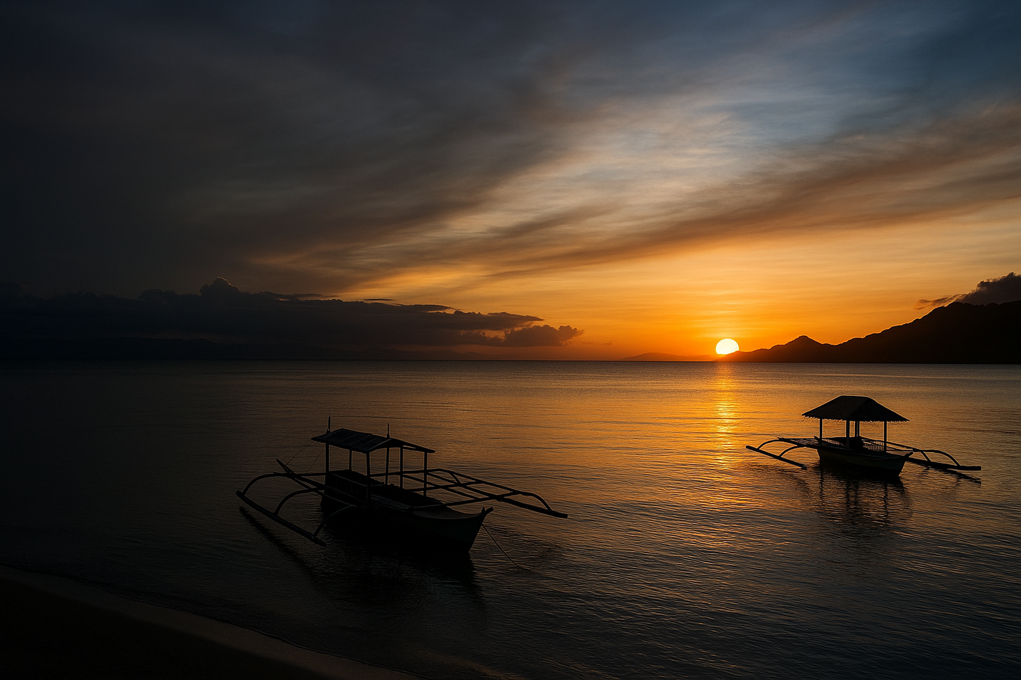 Boats silhouetted on the sea during sunset.