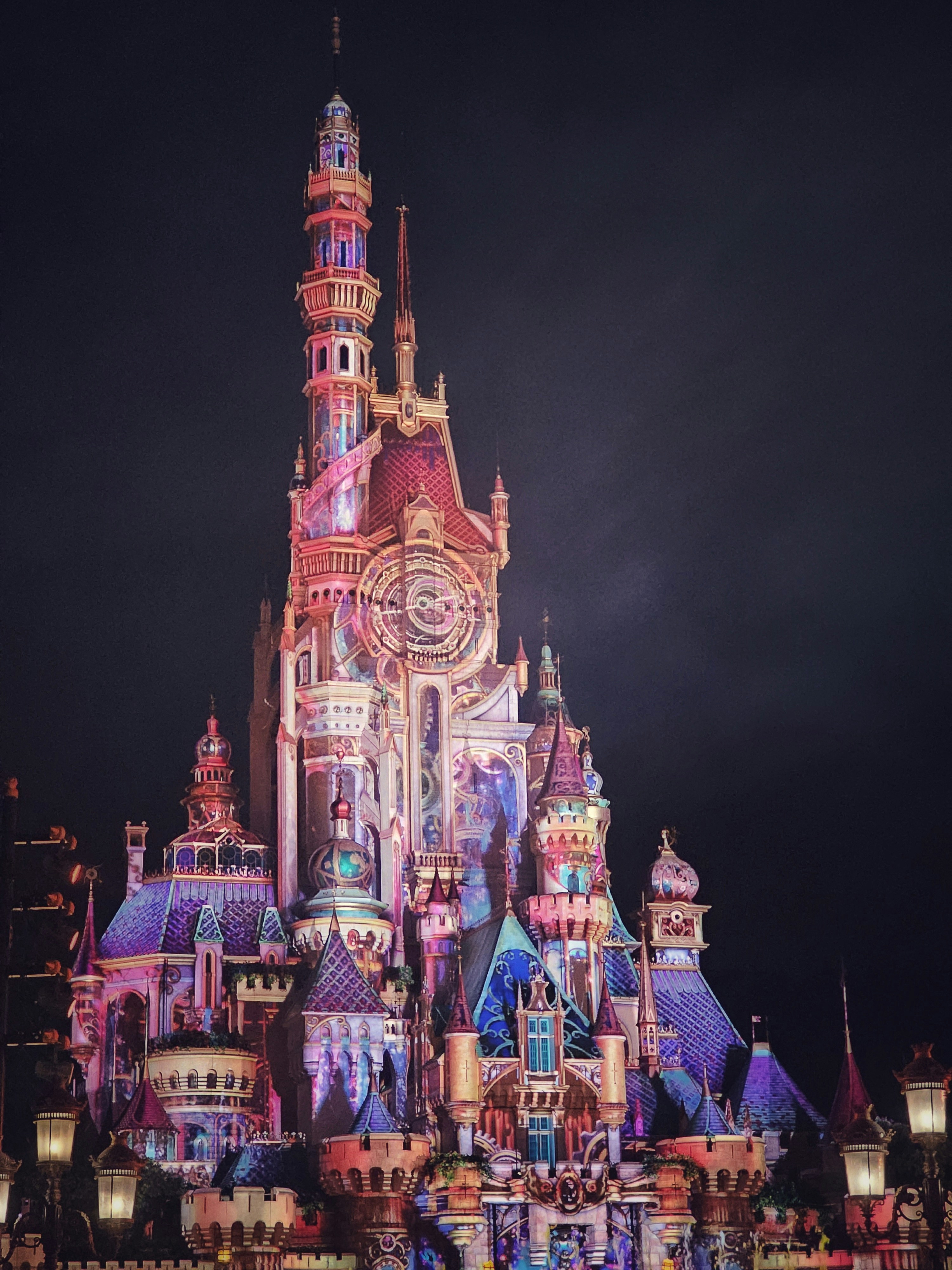 A beautiful castle at night.