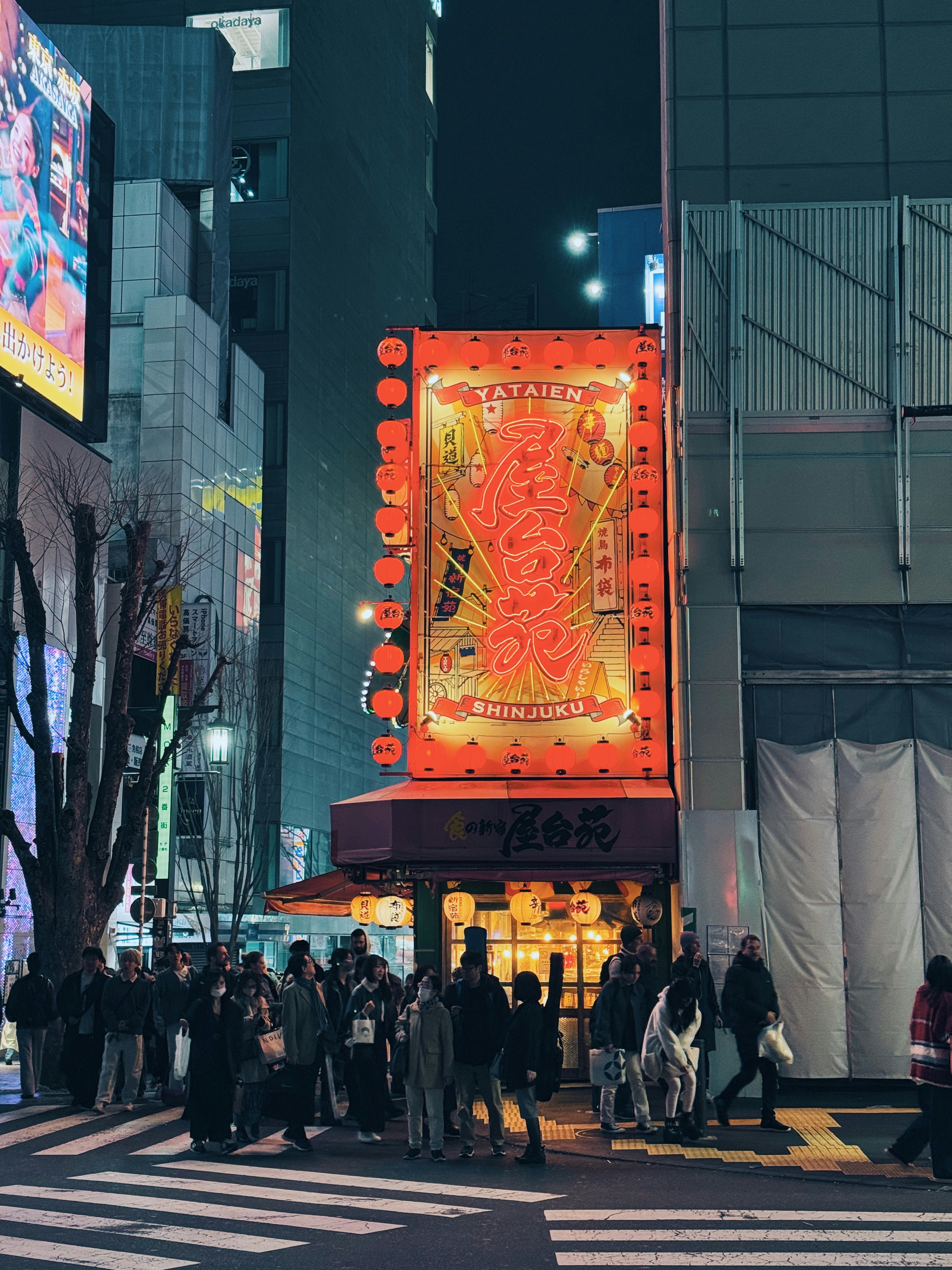 Nighttime scene in tokyo, with neon signage.