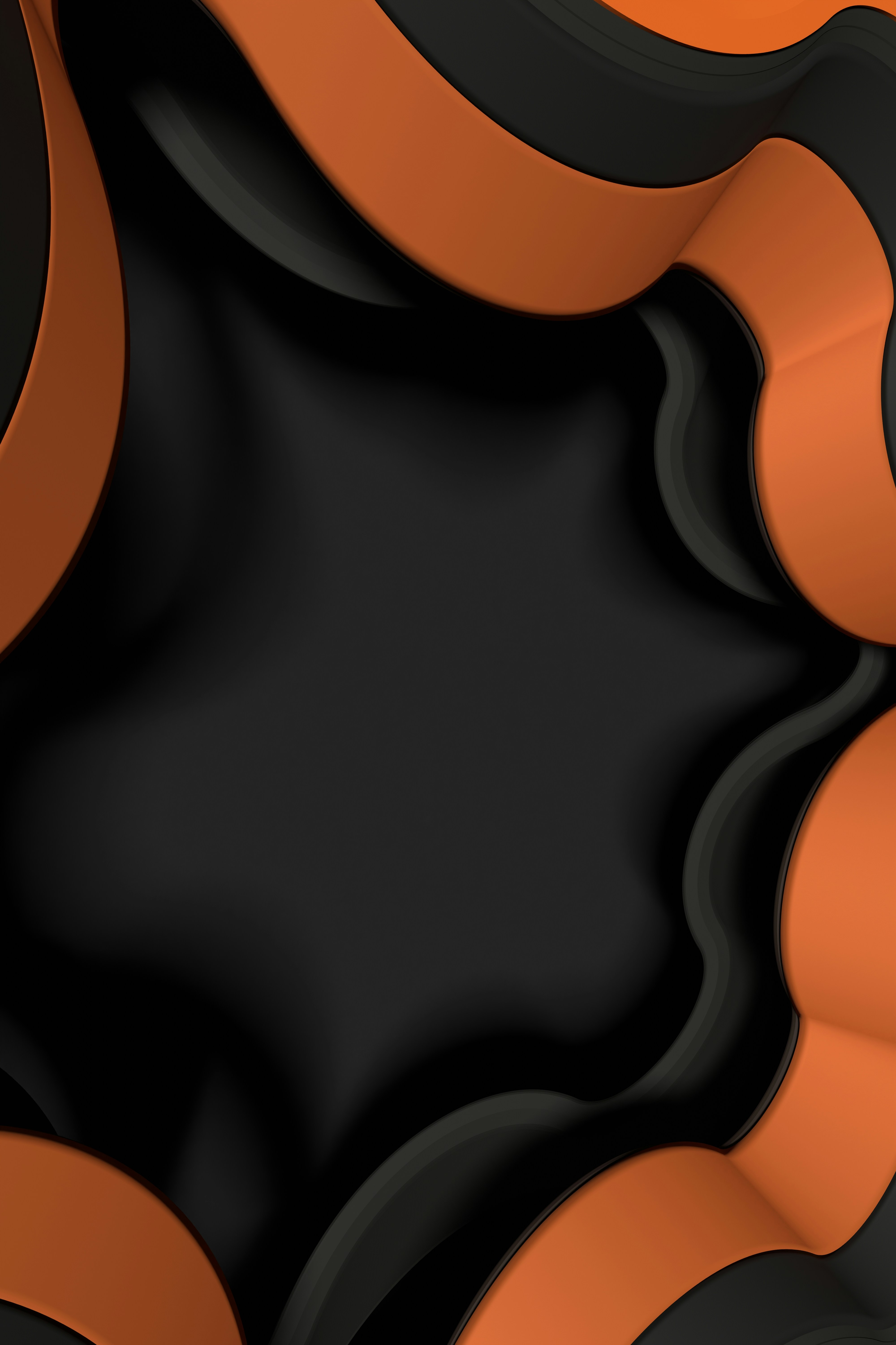 Abstract, wavy black and orange shapes frame a dark space.