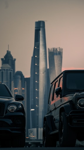 Luxury cars parked in front of a cityscape.
