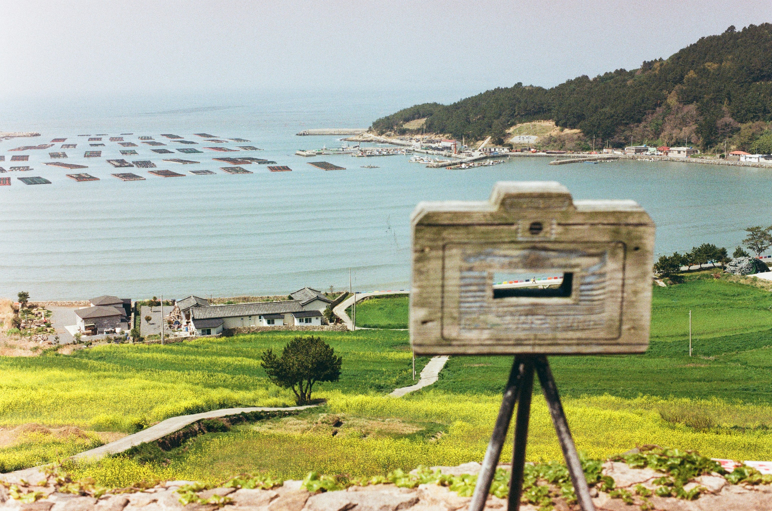 A monumental camera frame overlooks the seaside landscape.