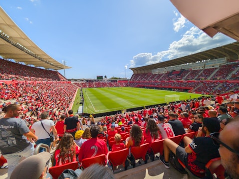Soccer fans watch a game in a stadium.