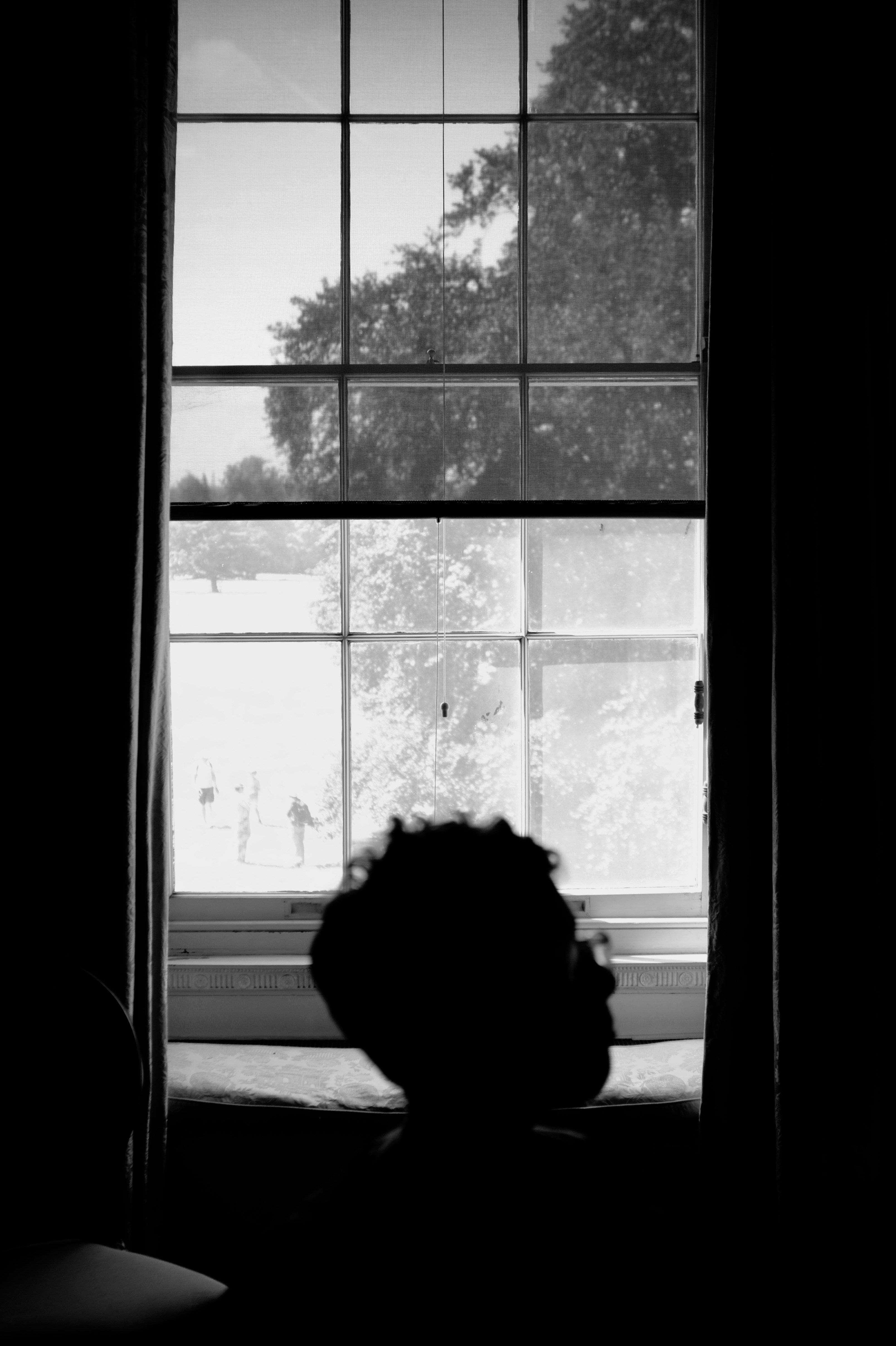 A child gazes out a window.
