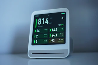 Air quality monitor shows levels of pollutants.