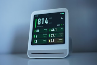 Air quality monitor shows levels of pollutants.